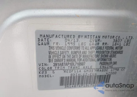 2013 Nissan Sentra S/Sv/Sr/Sl из США, поврежденный, VIN 3N1AB7AP1DL710507